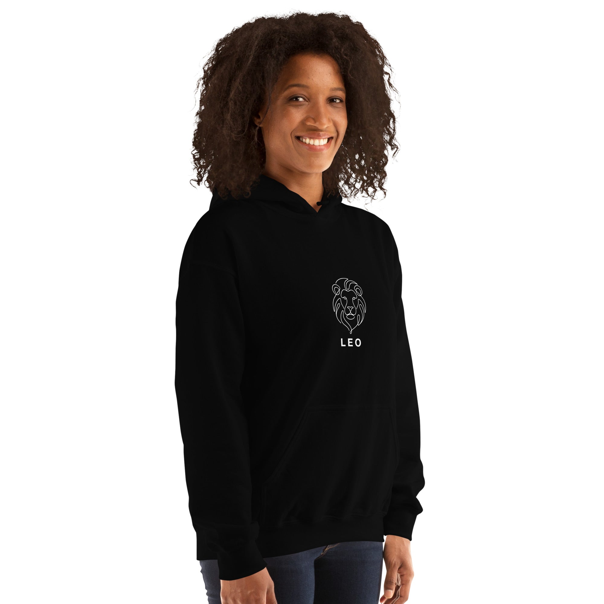 The Leo Mark hoodie: white line art lion on a dark unisex hoodie, Leo zodiac
