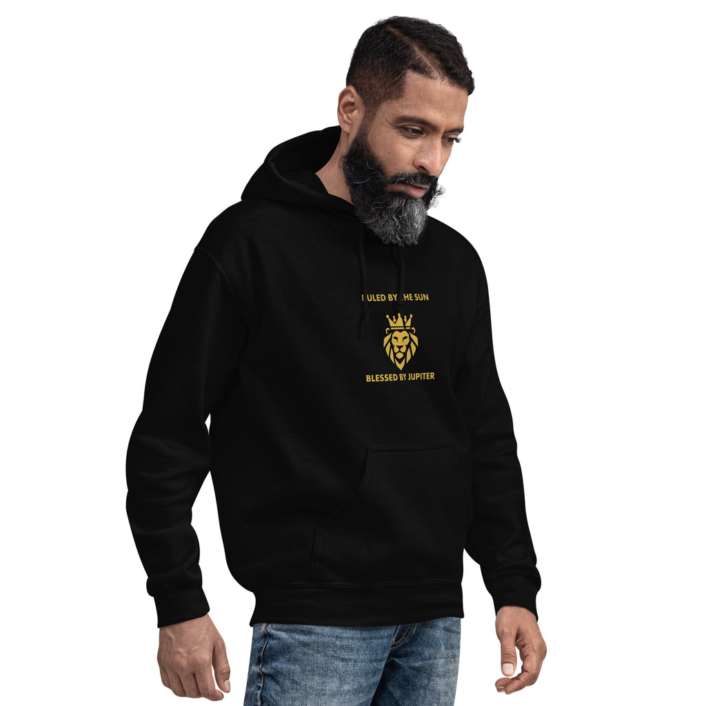 Ruled by the Sun hoodie: gold crowned lion with Jupiter symbol on a unisex Leo hoodie