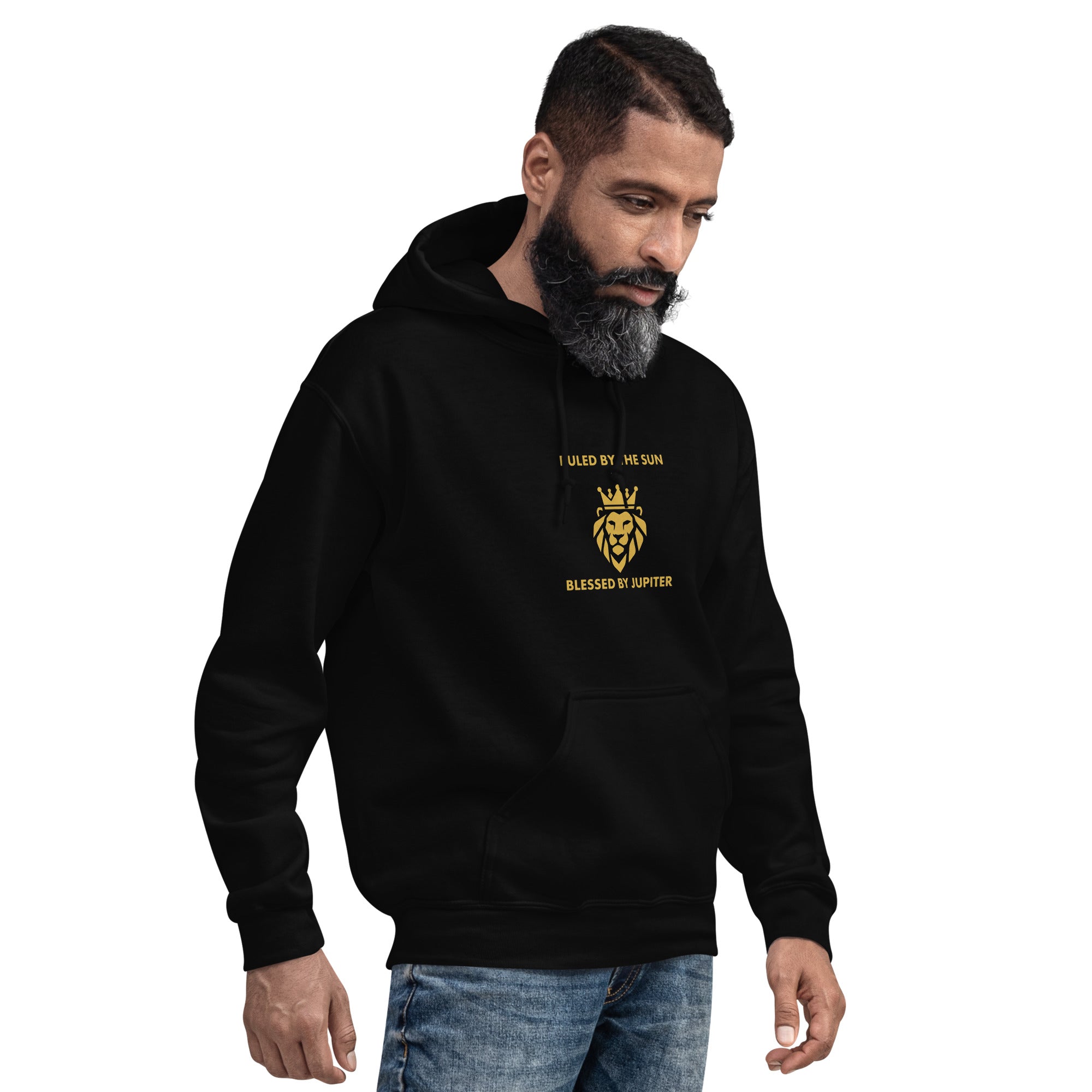 Ruled by the Sun hoodie: gold crowned lion with Jupiter symbol on a unisex Leo hoodie