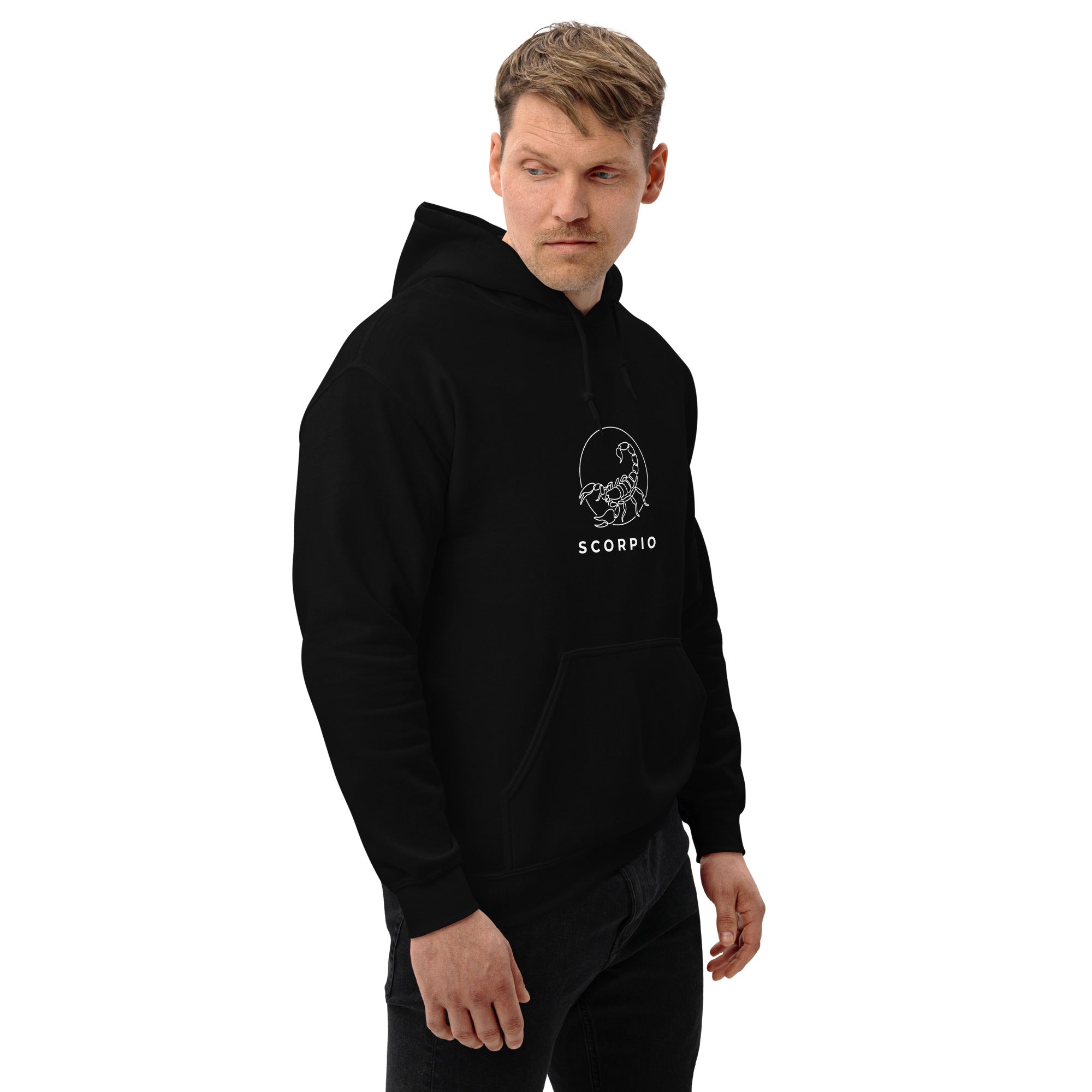 Moonlit Sting hoodie: line art scorpion beneath a moon on a unisex Scorpio hoodie