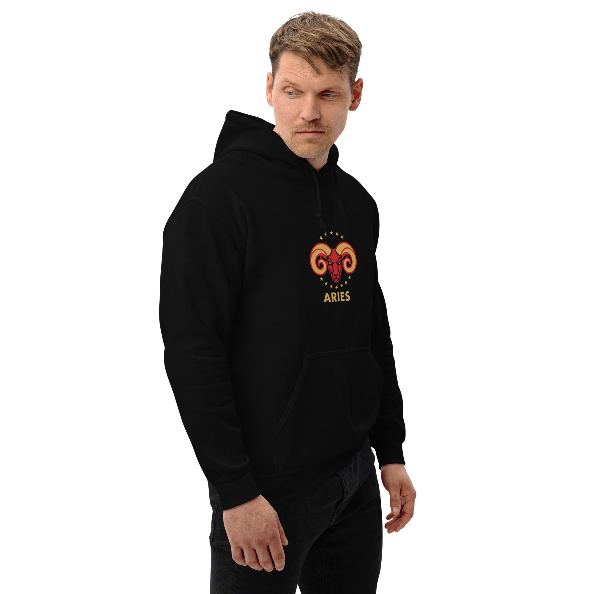 Golden Horn hoodie: crimson ram with gilded stars on a unisex Aries hoodie