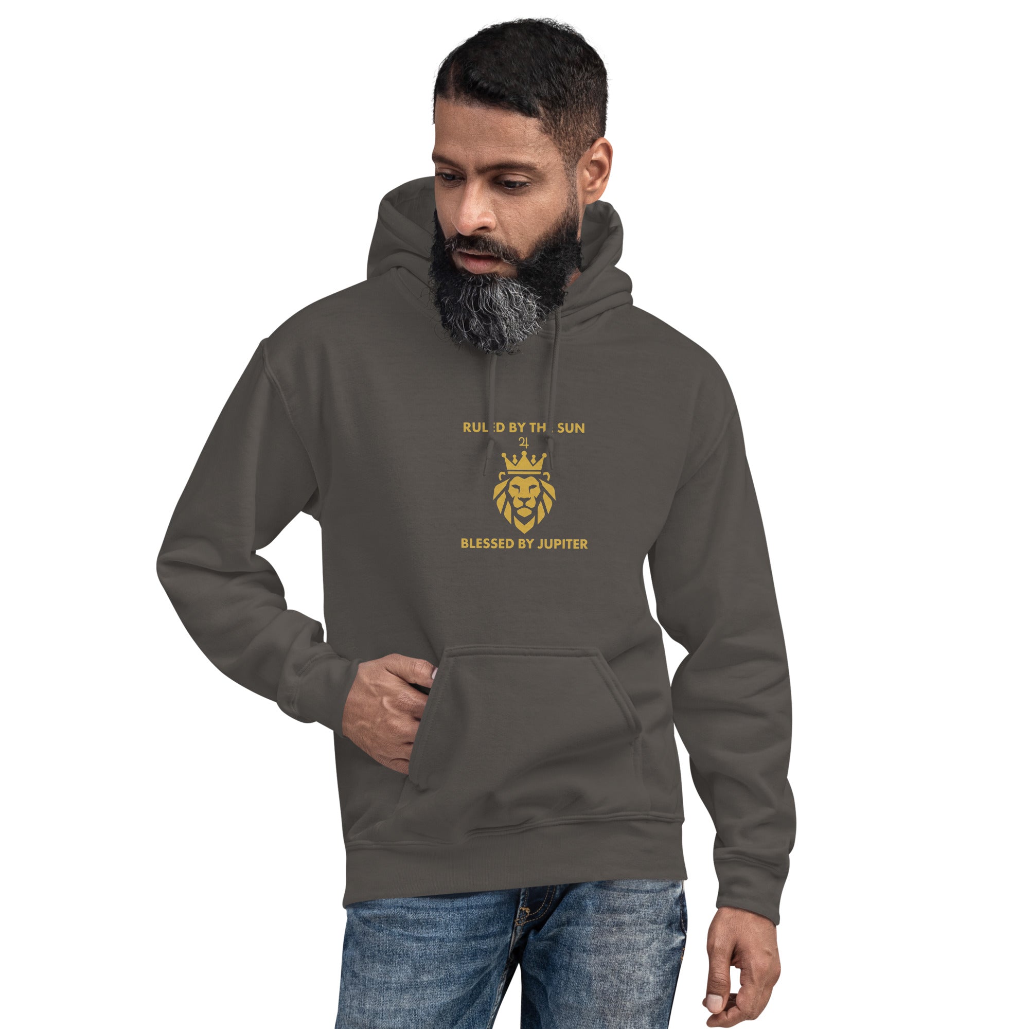 Ruled by the Sun hoodie: gold crowned lion with Jupiter symbol on a unisex Leo hoodie