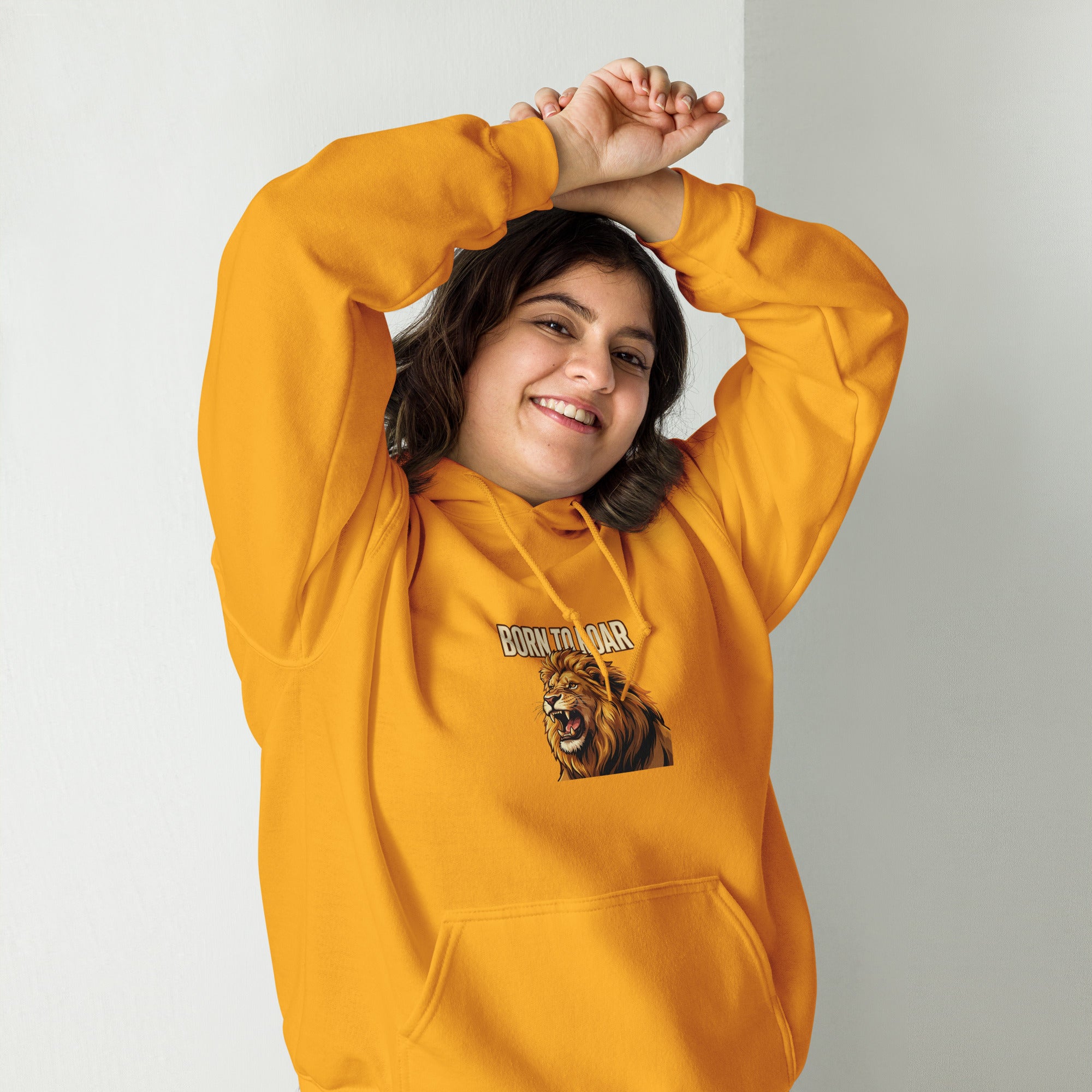 Born to Roar hoodie: roaring gold lion Leo zodiac design on a unisex hoodie