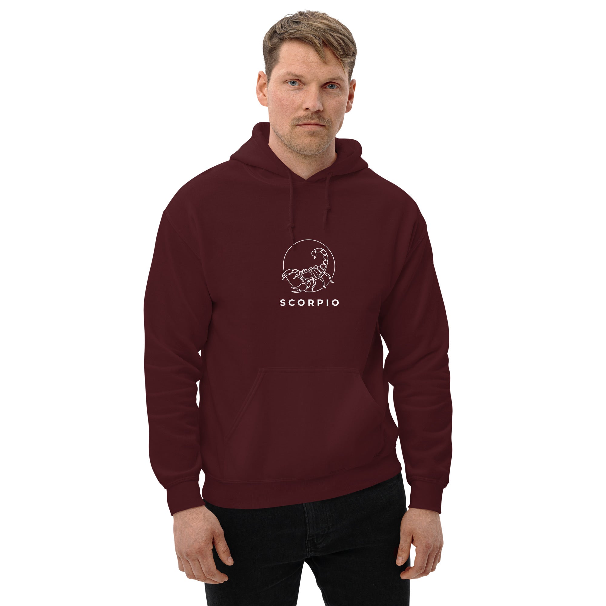 Moonlit Sting hoodie: line art scorpion beneath a moon on a unisex Scorpio hoodie