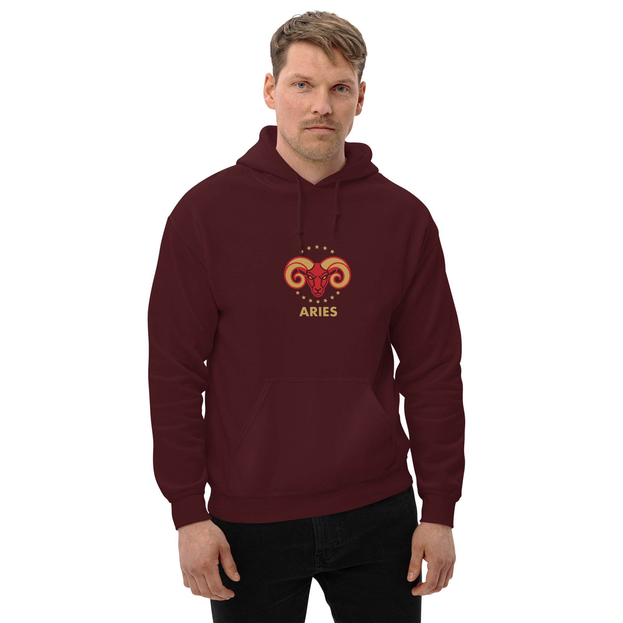 Golden Horn hoodie: crimson ram with gilded stars on a unisex Aries hoodie