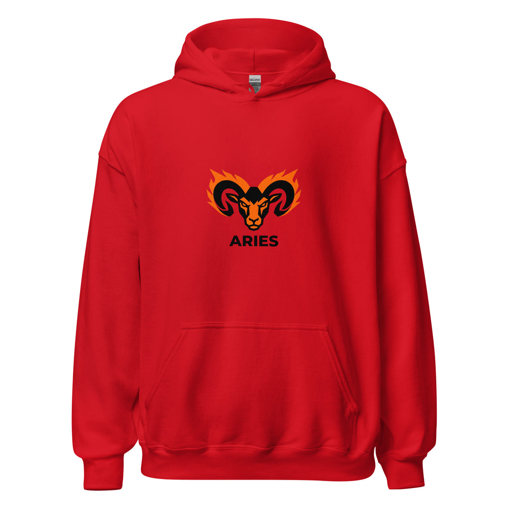 Blaze Ram hoodie: flaming ram design in bold orange on a unisex Aries hoodie