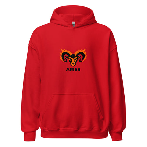 Blaze Ram hoodie: flaming ram design in bold orange on a unisex Aries hoodie