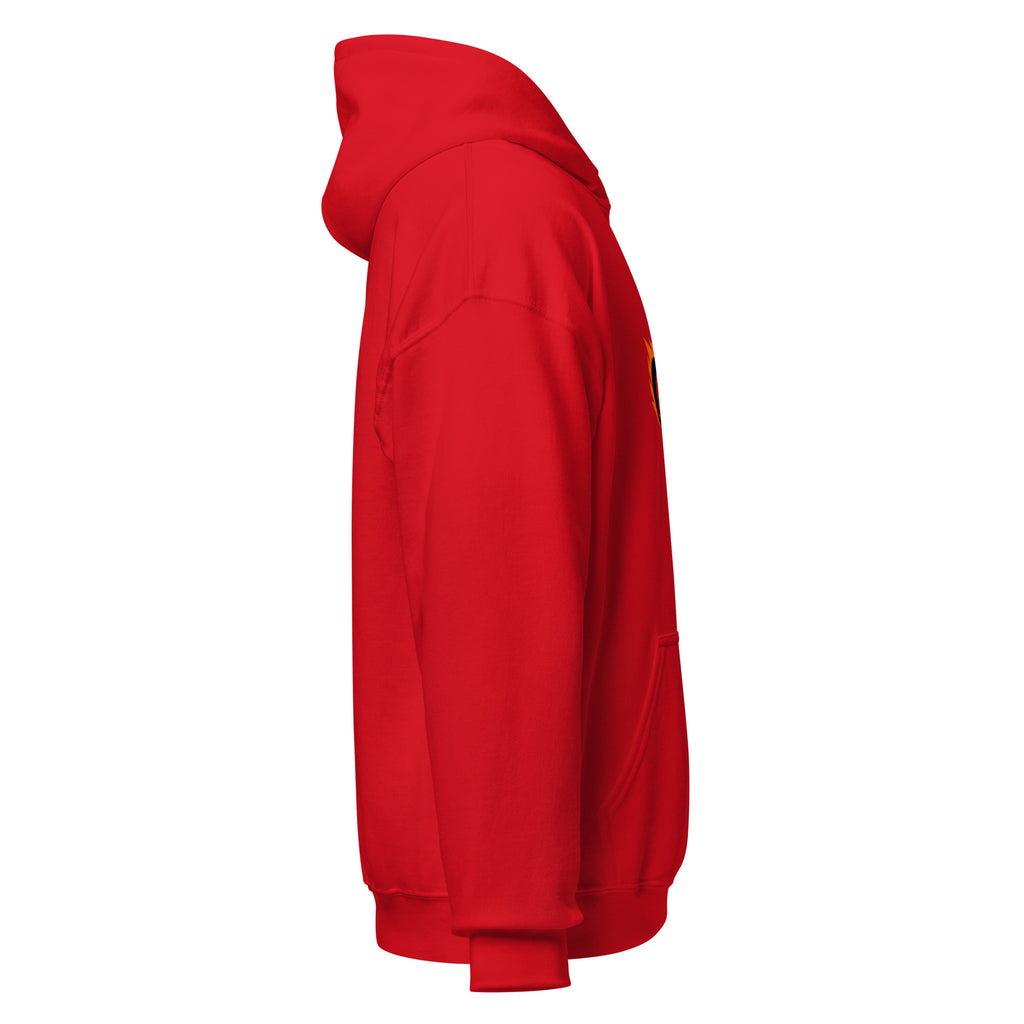 Blaze Ram hoodie: flaming ram design in bold orange on a unisex Aries hoodie