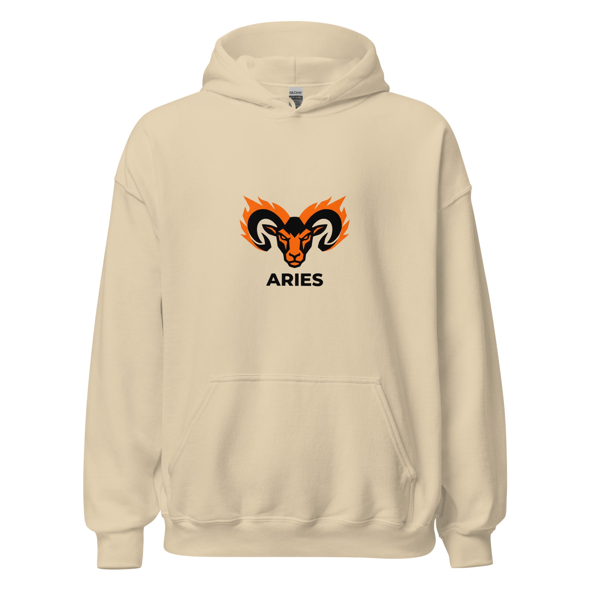 Blaze Ram hoodie: flaming ram design in bold orange on a unisex Aries hoodie