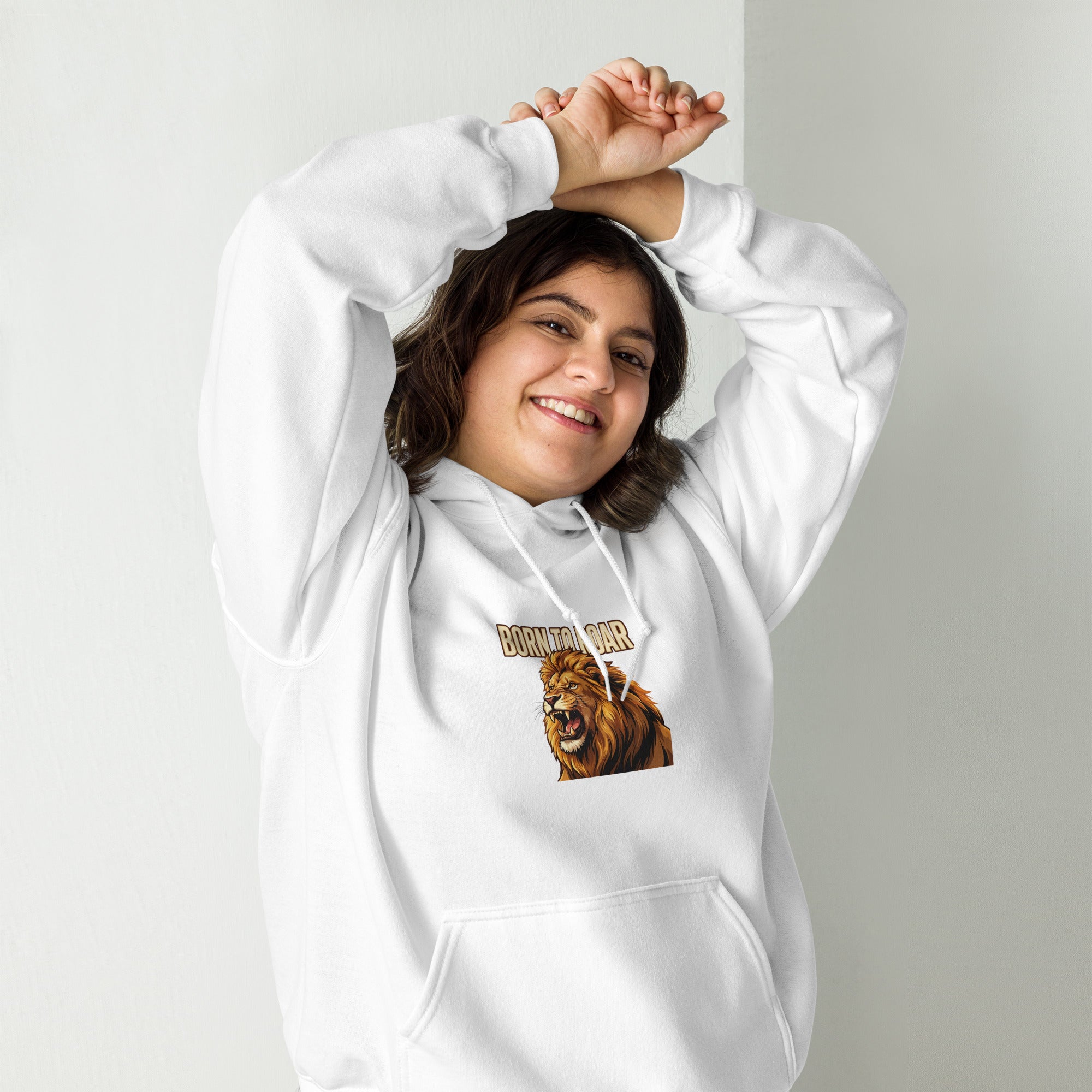 Born to Roar hoodie: roaring gold lion Leo zodiac design on a unisex hoodie