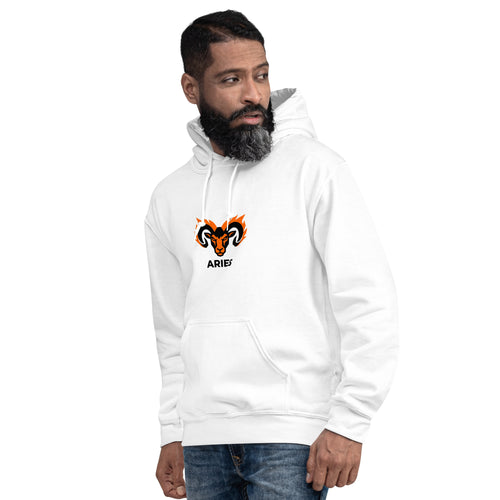 Blaze Ram hoodie: flaming ram design in bold orange on a unisex Aries hoodie