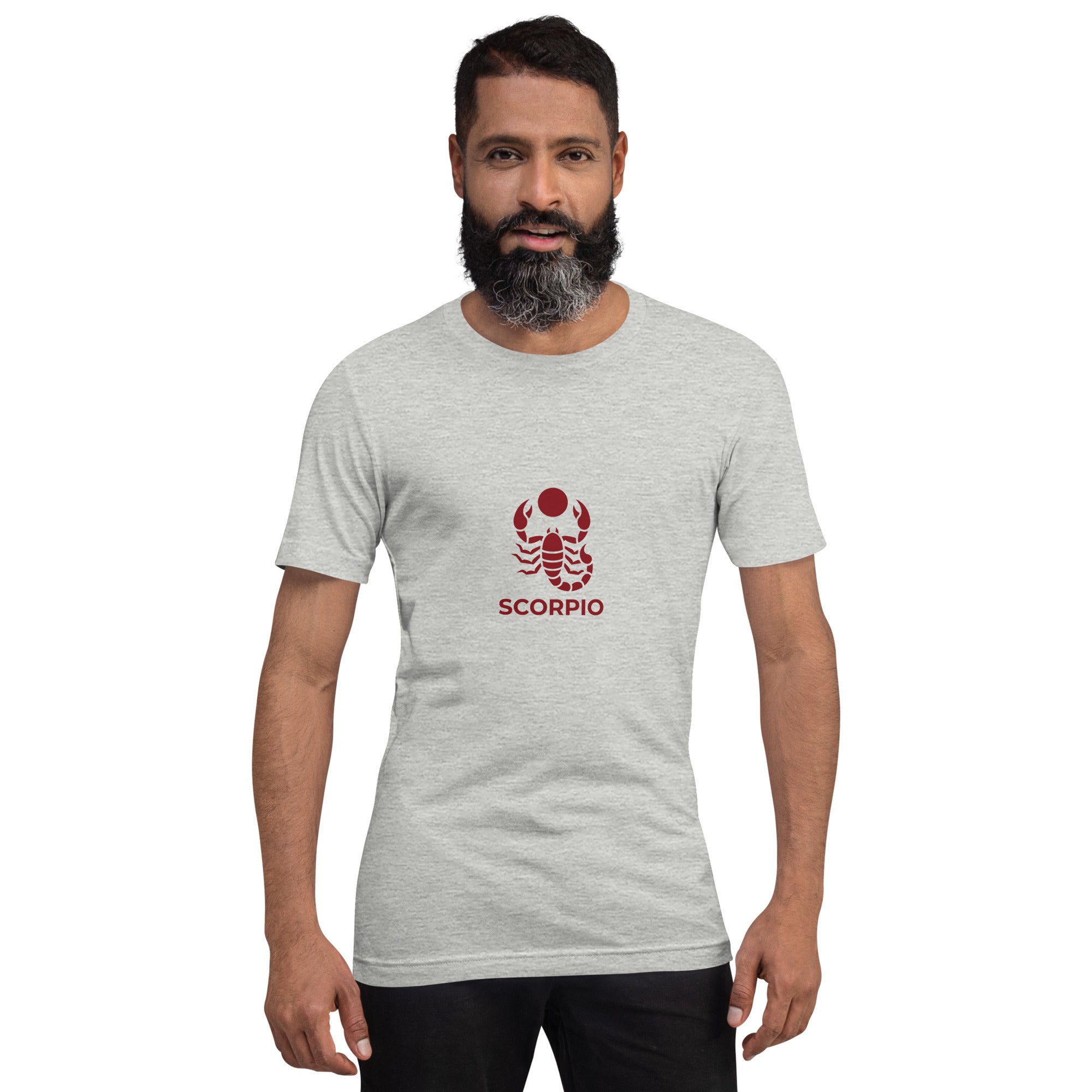 Blood Moon Rising tee: maroon scorpion under a red moon on a dark unisex Scorpio t-shirt