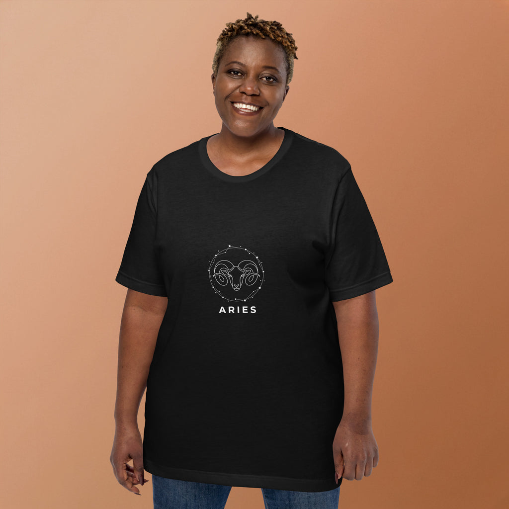 Ram Star Circuit tee: white line art ram in a constellation ring on a dark unisex Aries t-shirt