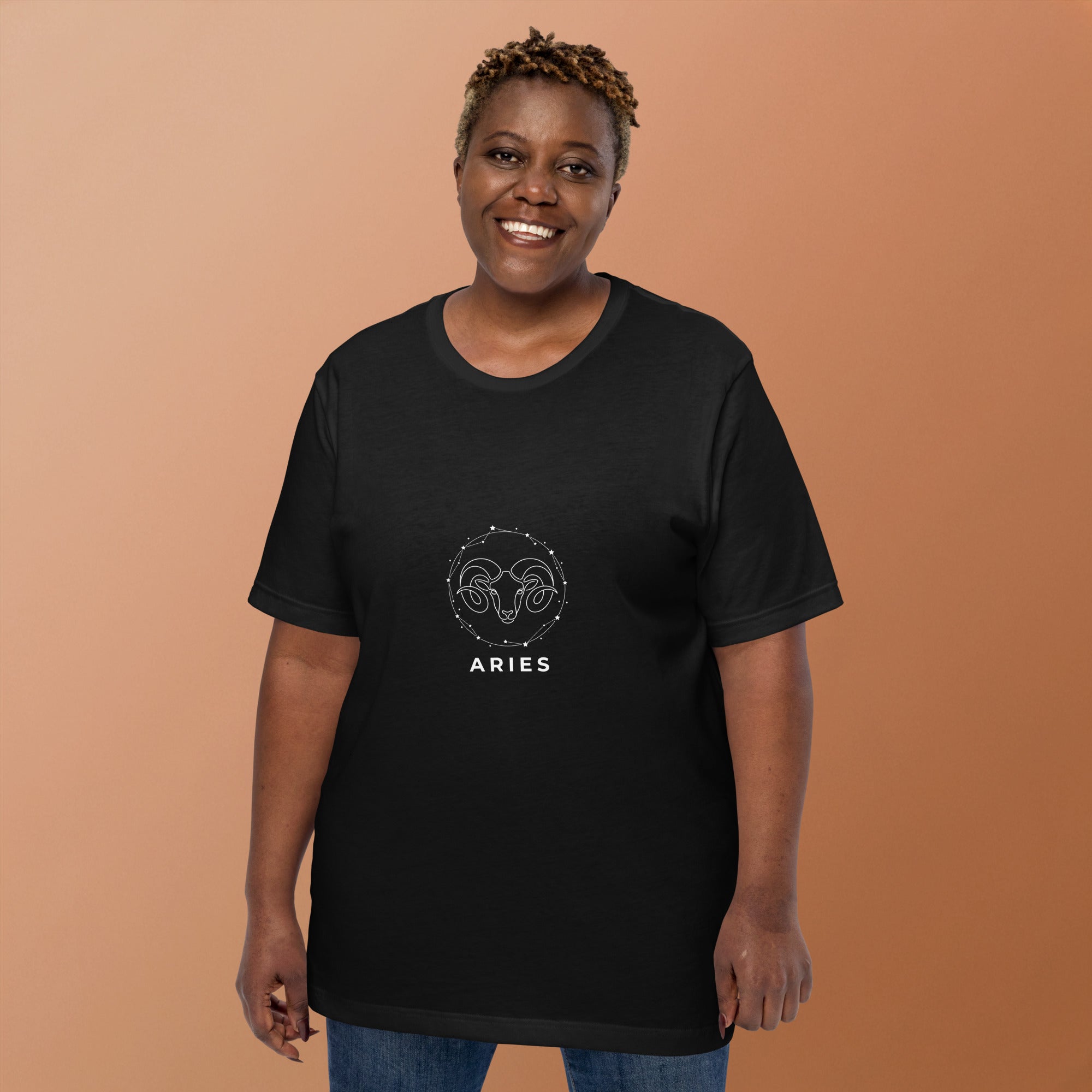 Ram Star Circuit tee: white line art ram in a constellation ring on a dark unisex Aries t-shirt