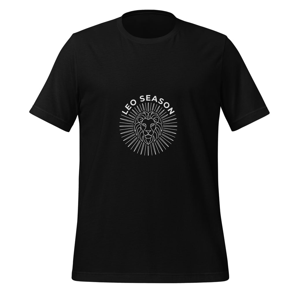 Leo Season tee: white line art sunburst lion crest on a dark unisex t-shirt