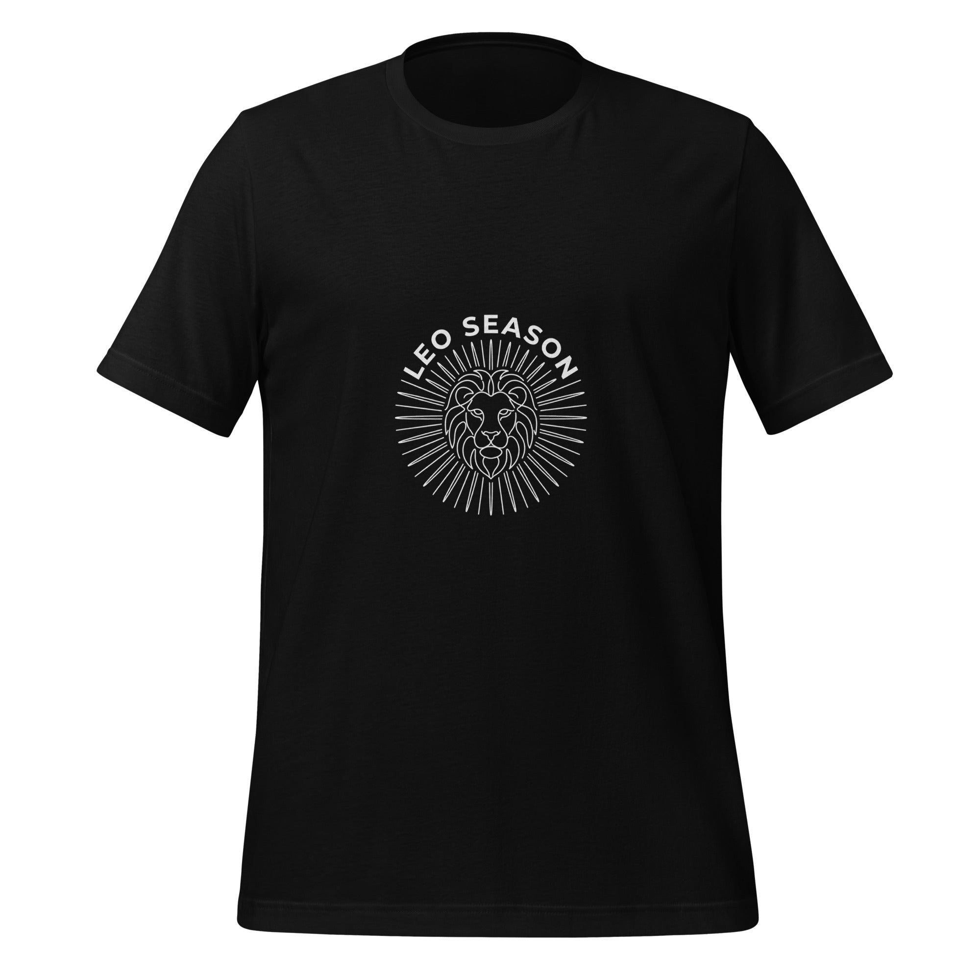 Leo Season tee: white line art sunburst lion crest on a dark unisex t-shirt