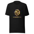 Roaring Into My Era tee: metallic gold roaring lion on a unisex Leo t-shirt