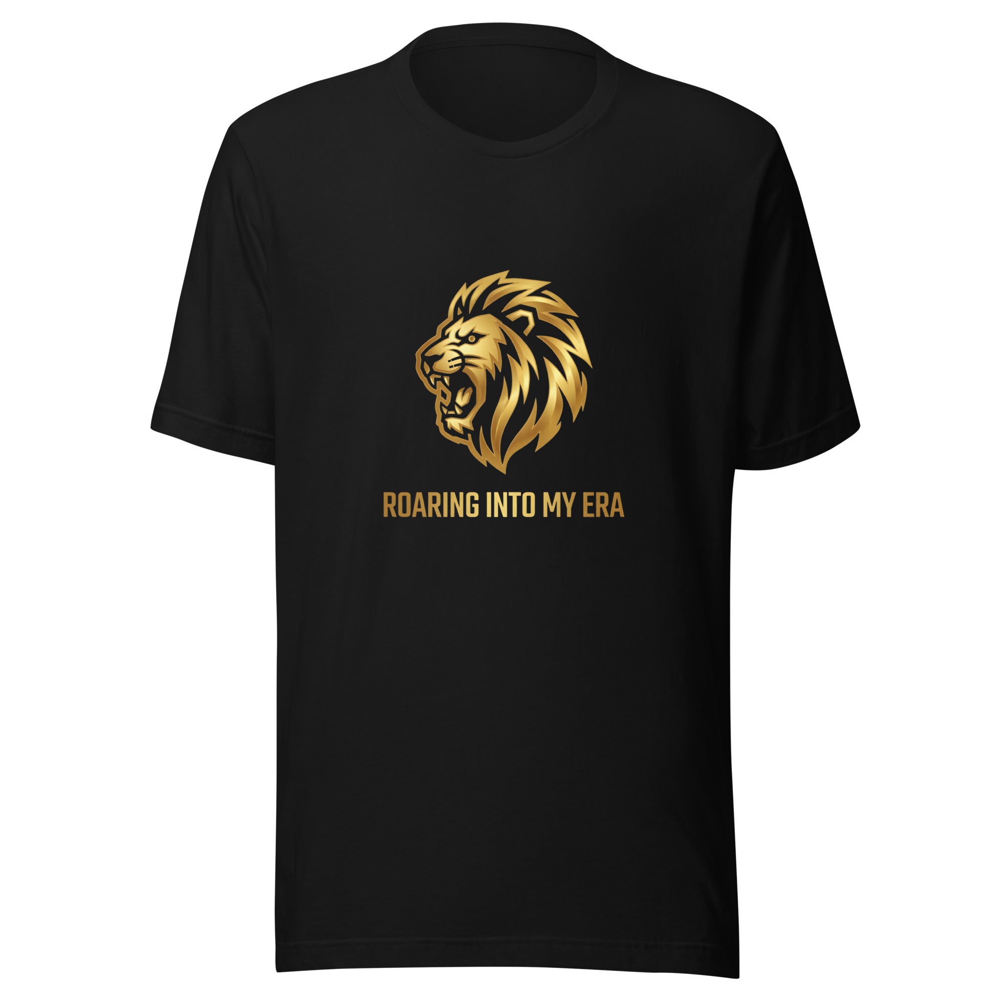 Roaring Into My Era tee: metallic gold roaring lion on a unisex Leo t-shirt