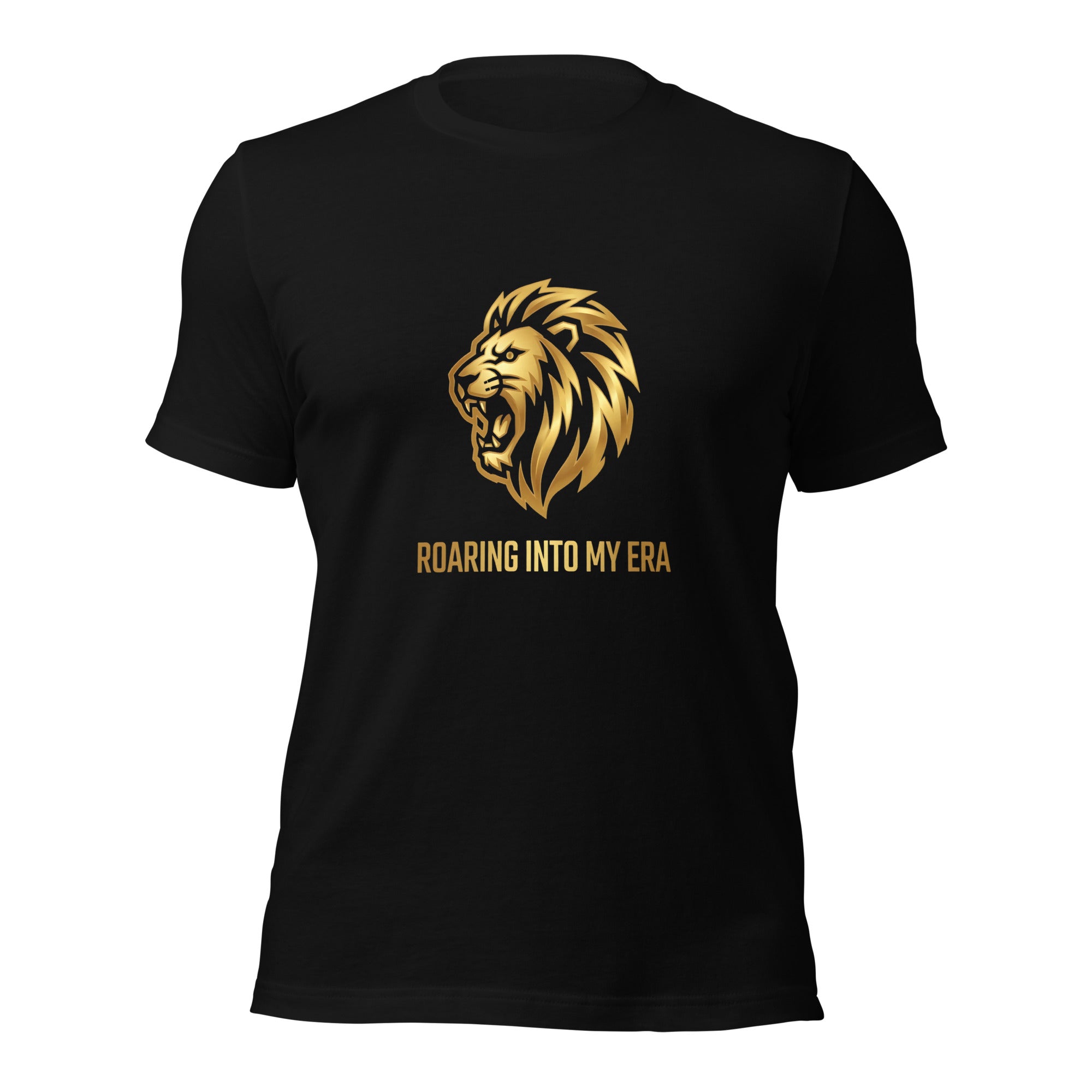 Roaring Into My Era tee: metallic gold roaring lion on a unisex Leo t-shirt