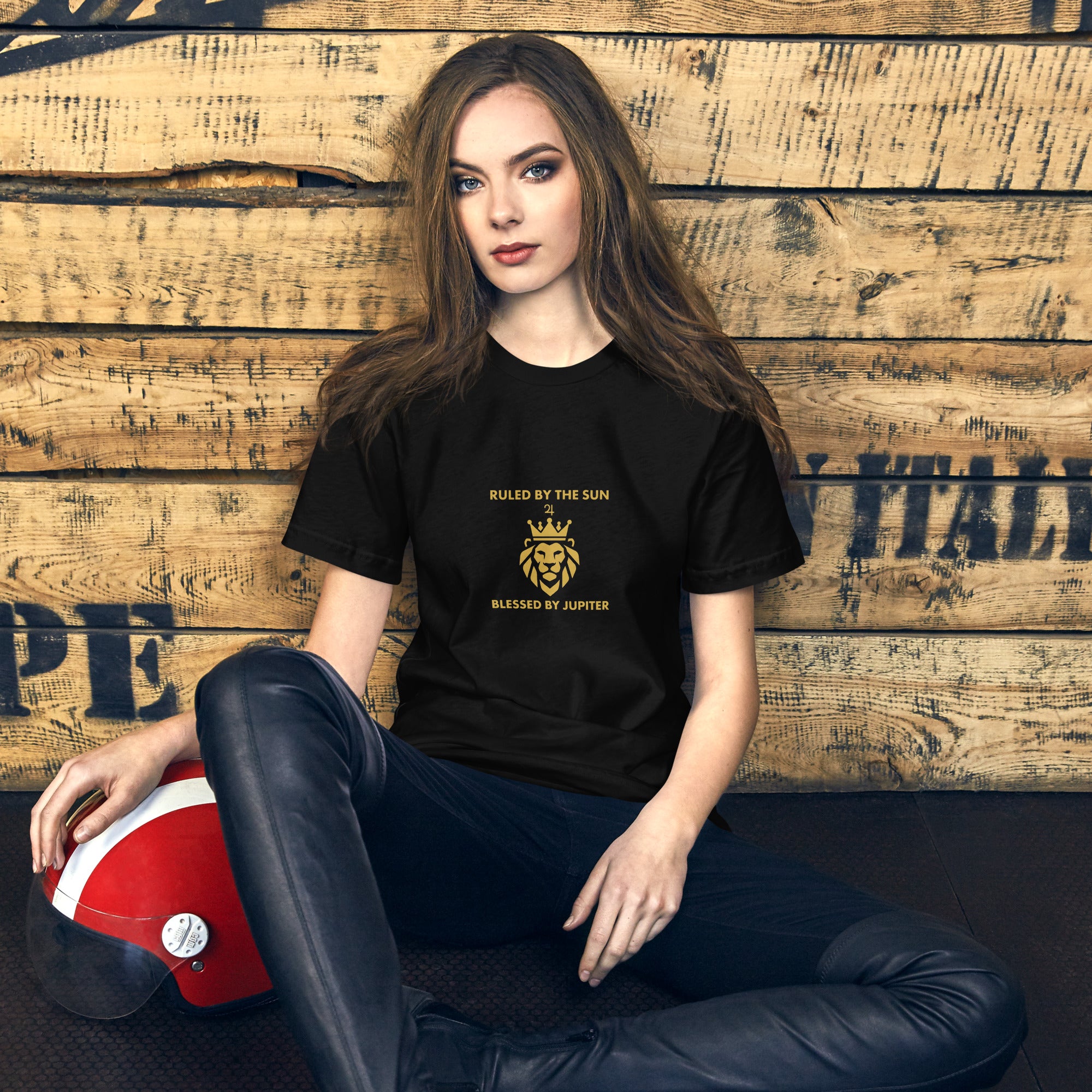 Ruled by the Sun tee: gold crowned lion with Jupiter symbol on a unisex Leo t-shirt