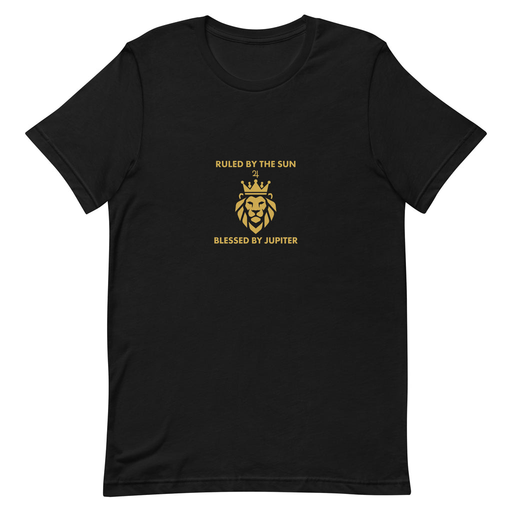 Ruled by the Sun tee: gold crowned lion with Jupiter symbol on a unisex Leo t-shirt