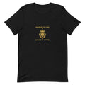 Ruled by the Sun tee: gold crowned lion with Jupiter symbol on a unisex Leo t-shirt