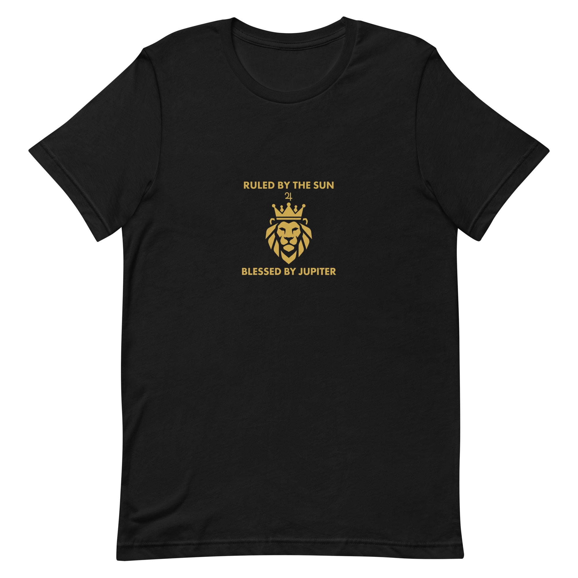 Ruled by the Sun tee: gold crowned lion with Jupiter symbol on a unisex Leo t-shirt
