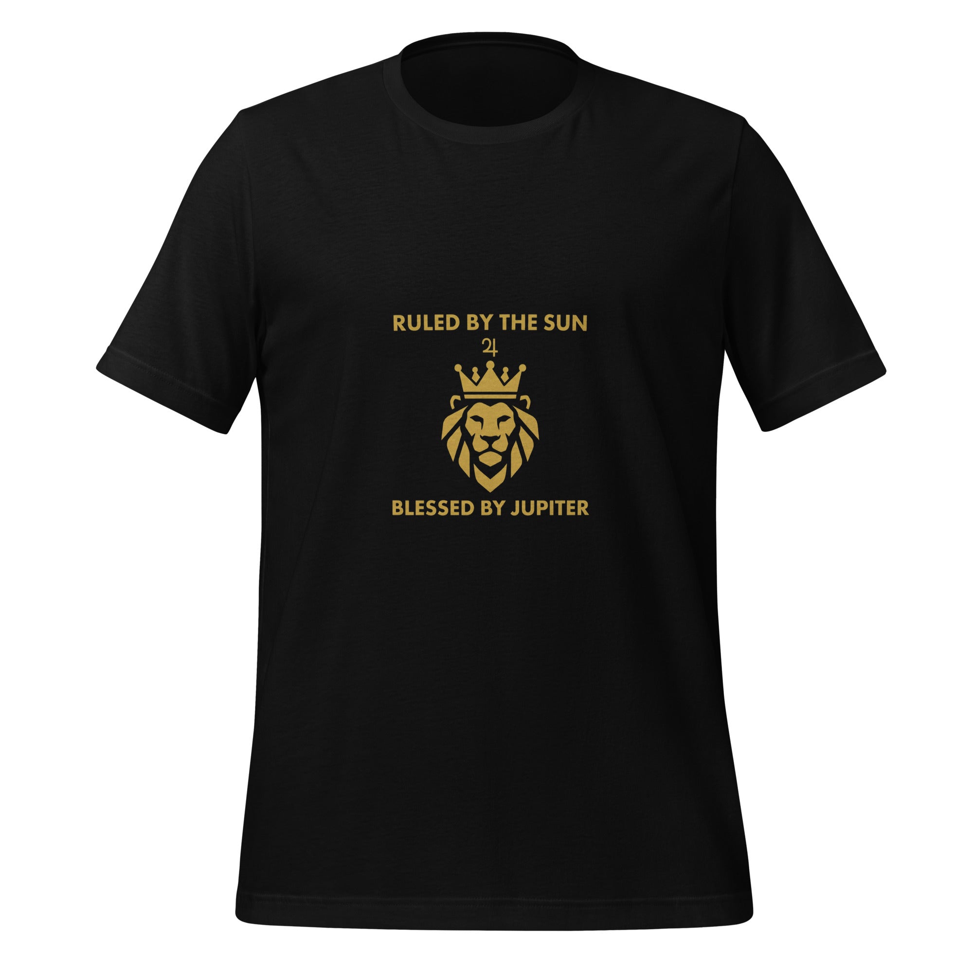 Ruled by the Sun tee: gold crowned lion with Jupiter symbol on a unisex Leo t-shirt