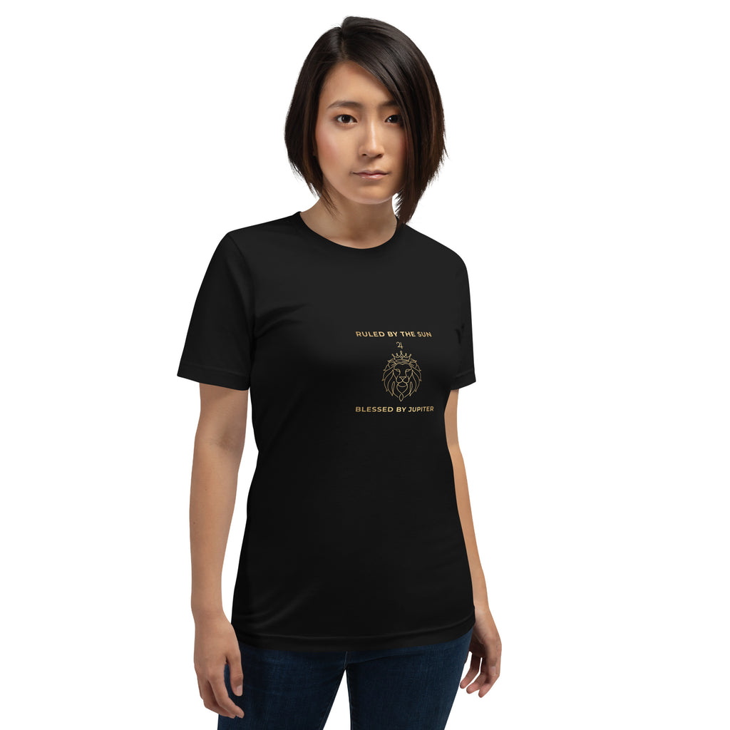 Ruled by the Sun line art tee: fine gold crown, lion, and Jupiter symbol on a unisex t-shirt