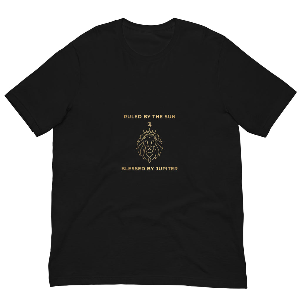 Ruled by the Sun line art tee: fine gold crown, lion, and Jupiter symbol on a unisex t-shirt
