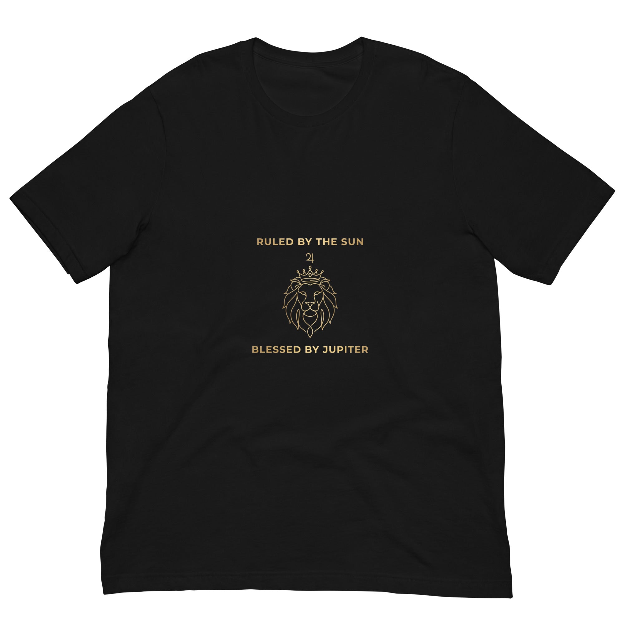 Ruled by the Sun line art tee: fine gold crown, lion, and Jupiter symbol on a unisex t-shirt