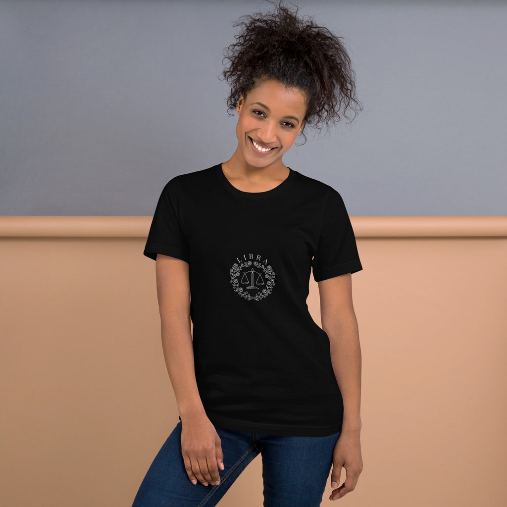 Libra Rose Crest tee: blush and lavender scales with roses on a dark unisex t-shirt