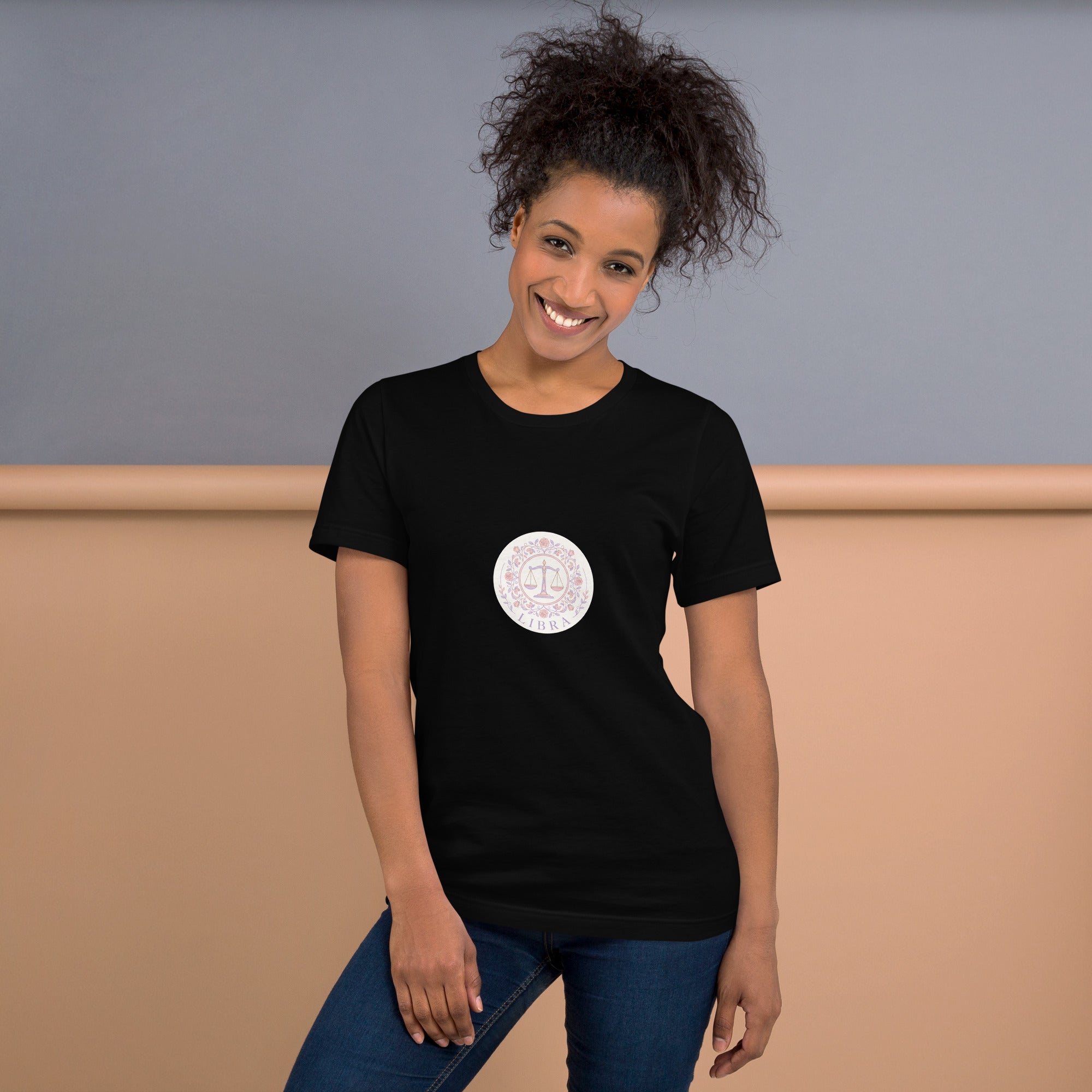 Libra Vintage Seal tee: vintage rose crest in blush, lavender, and gold on a unisex t-shirt