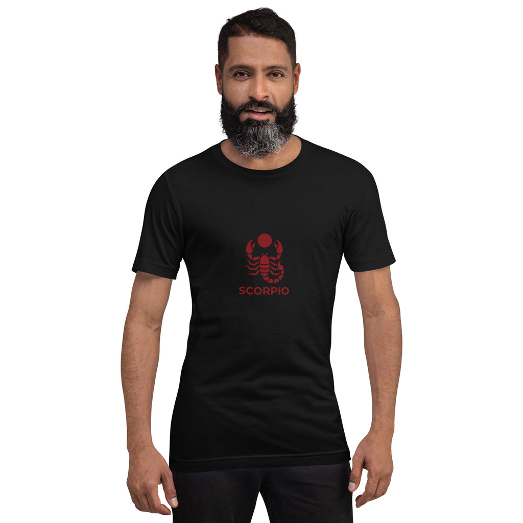 Blood Moon Rising tee: maroon scorpion under a red moon on a dark unisex Scorpio t-shirt