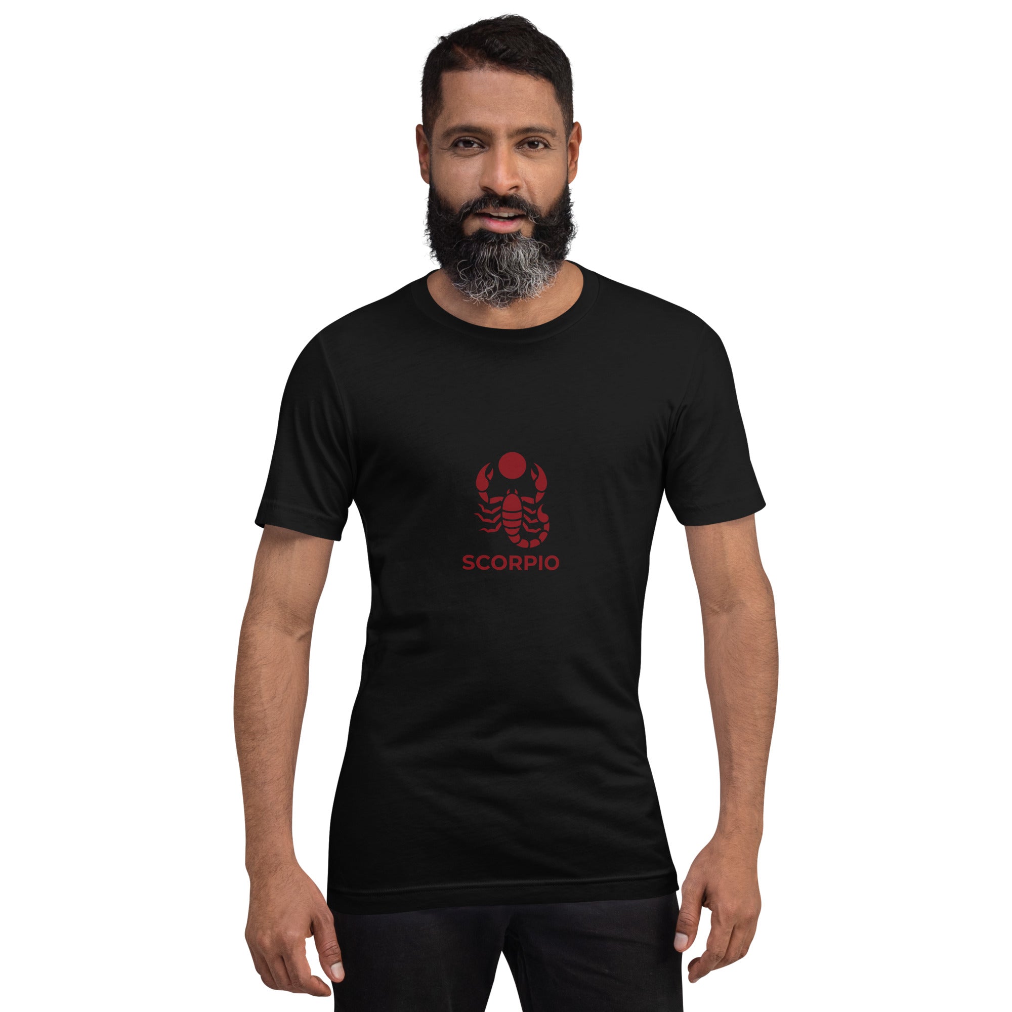 Blood Moon Rising tee: maroon scorpion under a red moon on a dark unisex Scorpio t-shirt