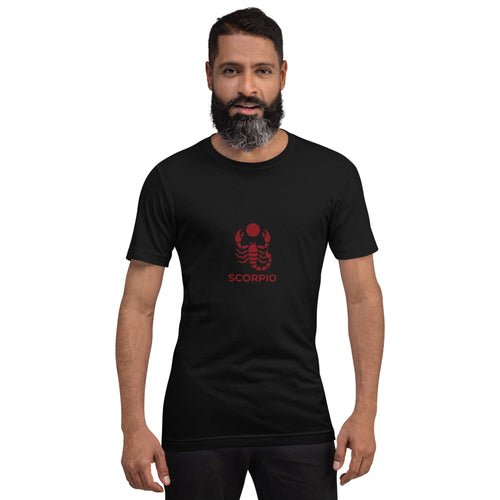 Blood Moon Rising tee: maroon scorpion under a red moon on a dark unisex Scorpio t-shirt