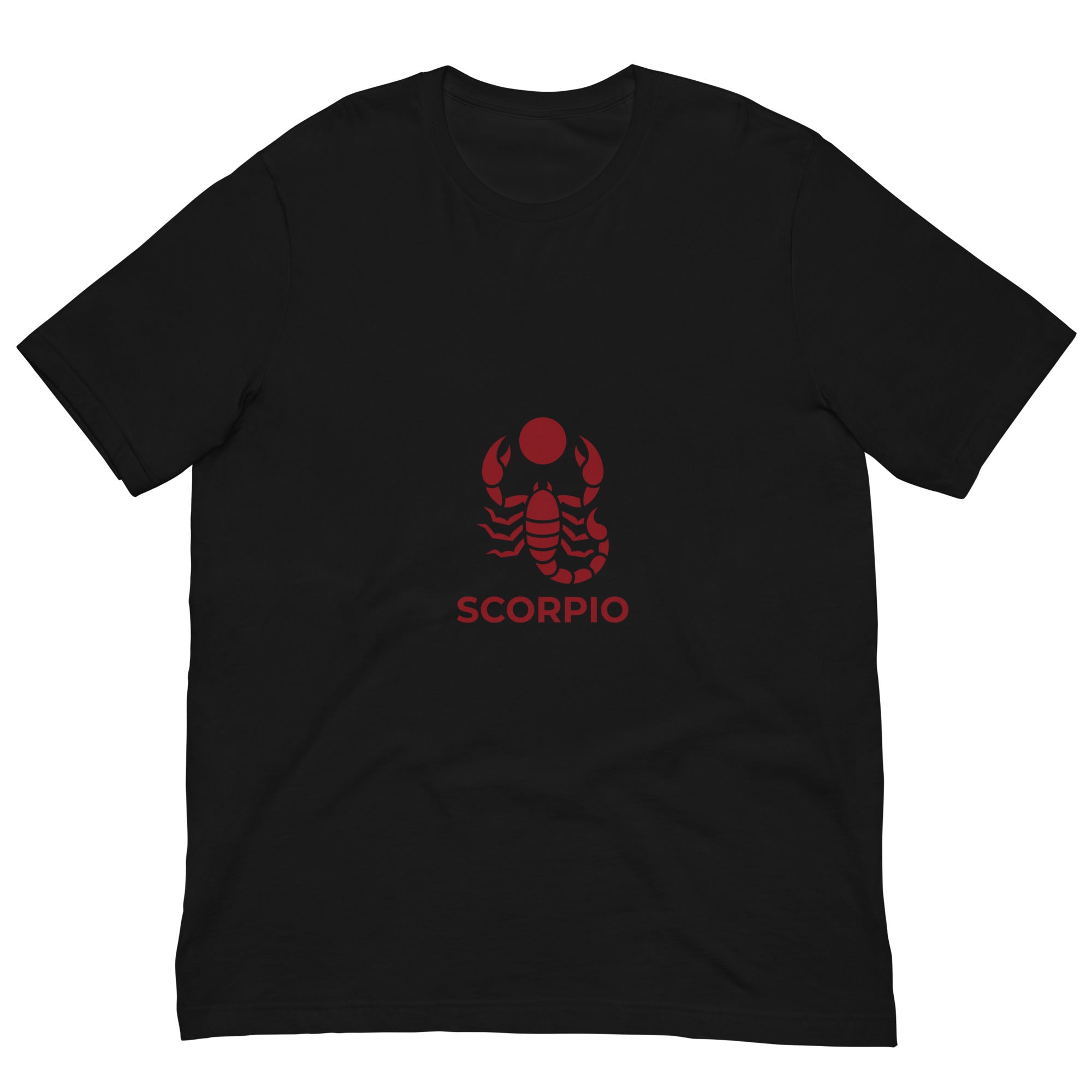 Blood Moon Rising tee: maroon scorpion under a red moon on a dark unisex Scorpio t-shirt
