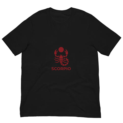 Blood Moon Rising tee: maroon scorpion under a red moon on a dark unisex Scorpio t-shirt
