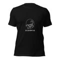 Moonlit Sting tee: white line art scorpion beneath a moon on a dark unisex Scorpio t-shirt