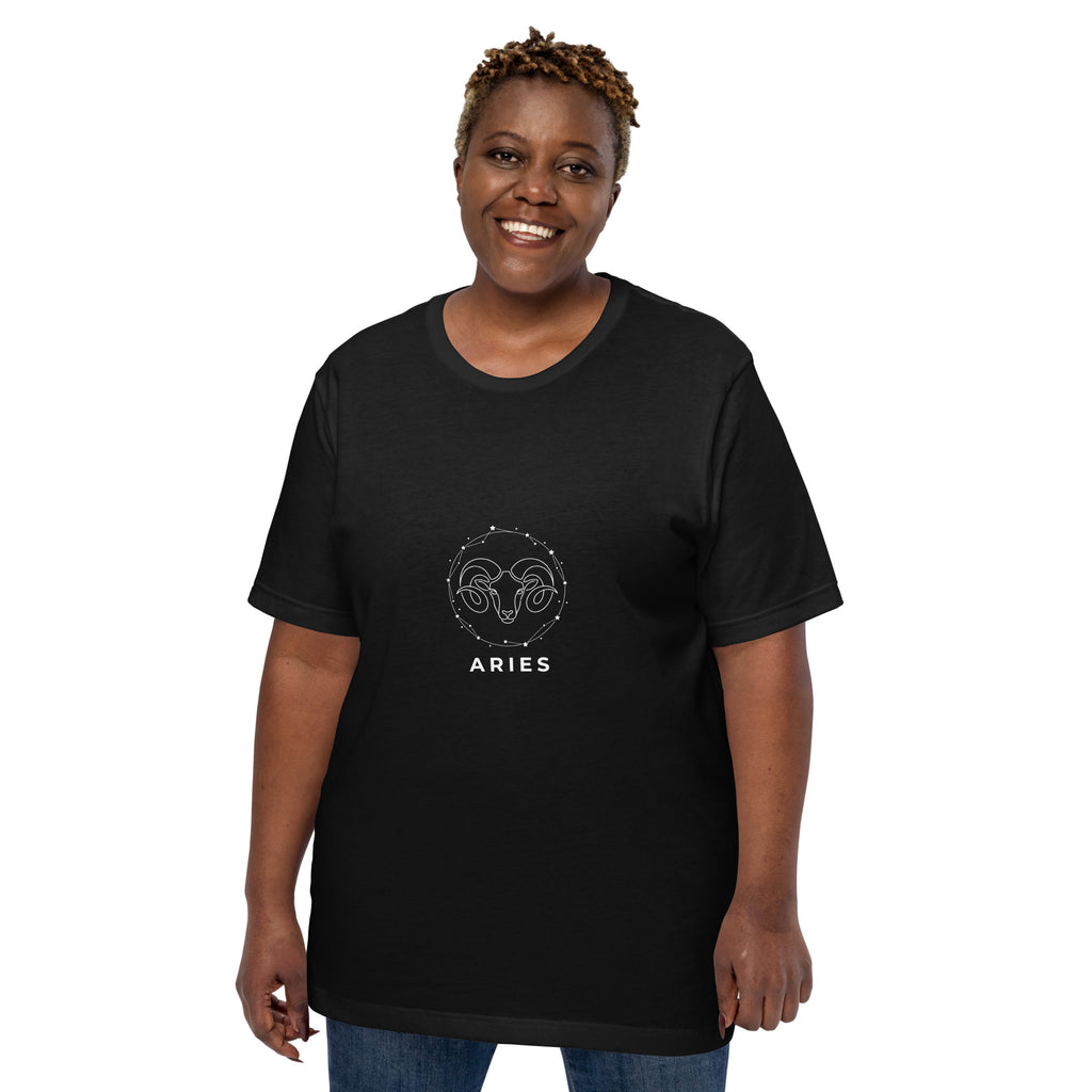 Ram Star Circuit tee: white line art ram in a constellation ring on a dark unisex Aries t-shirt