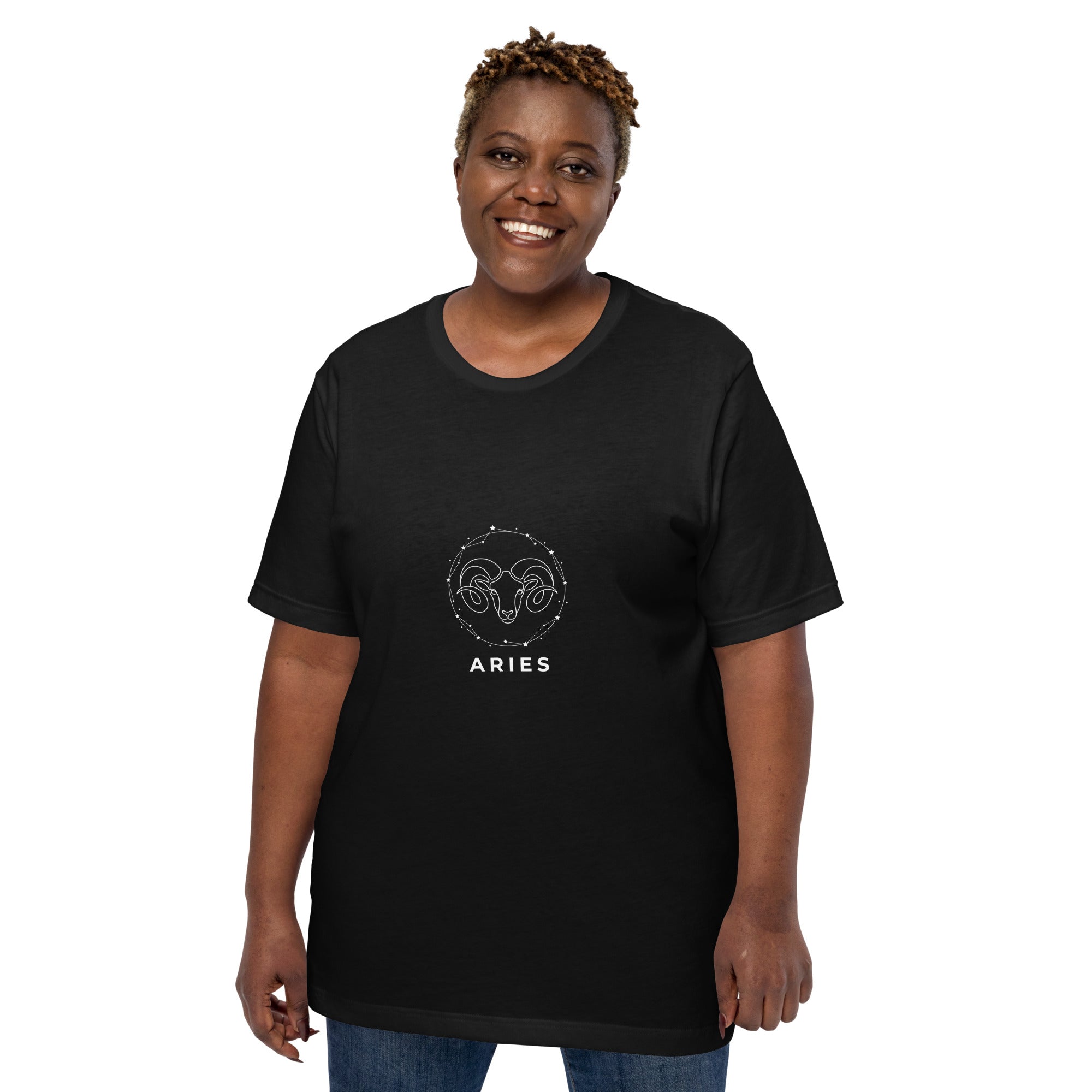 Ram Star Circuit tee: white line art ram in a constellation ring on a dark unisex Aries t-shirt