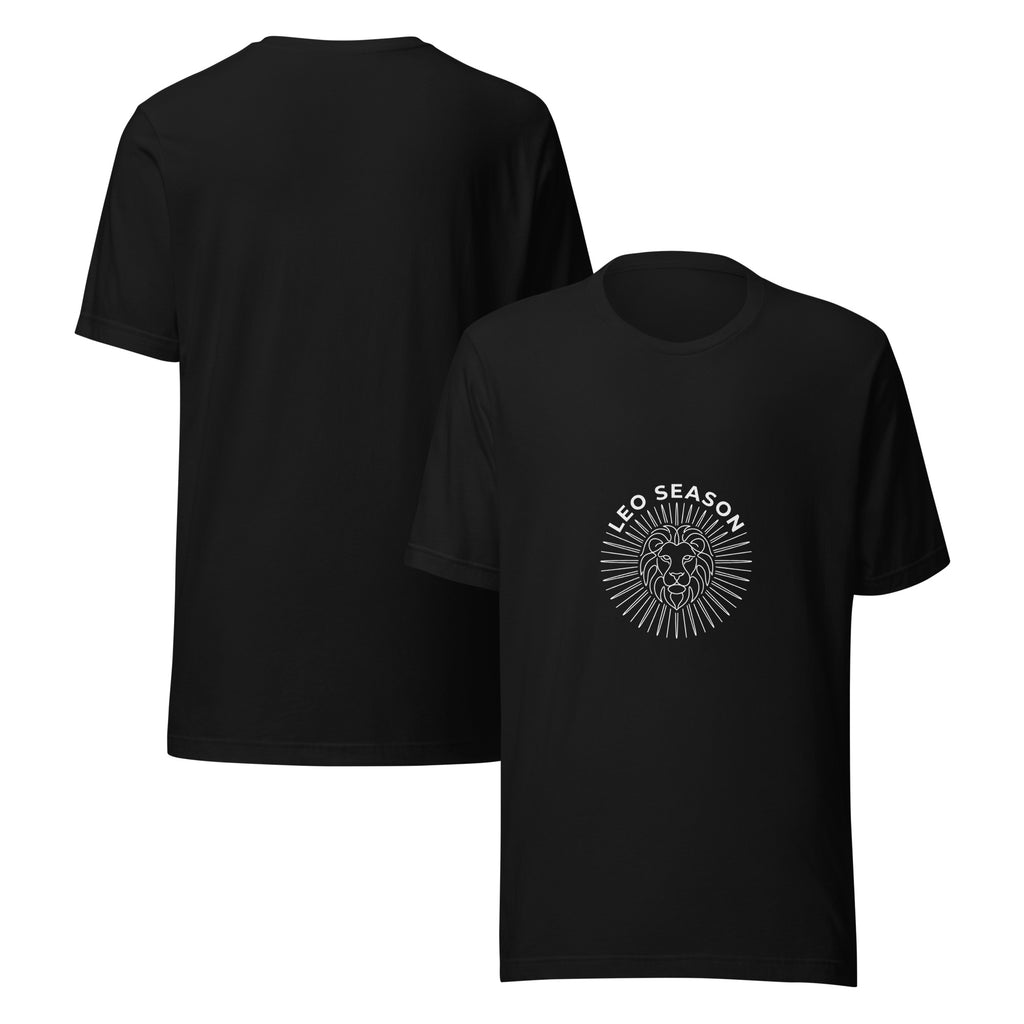 Leo Season tee: white line art sunburst lion crest on a dark unisex t-shirt