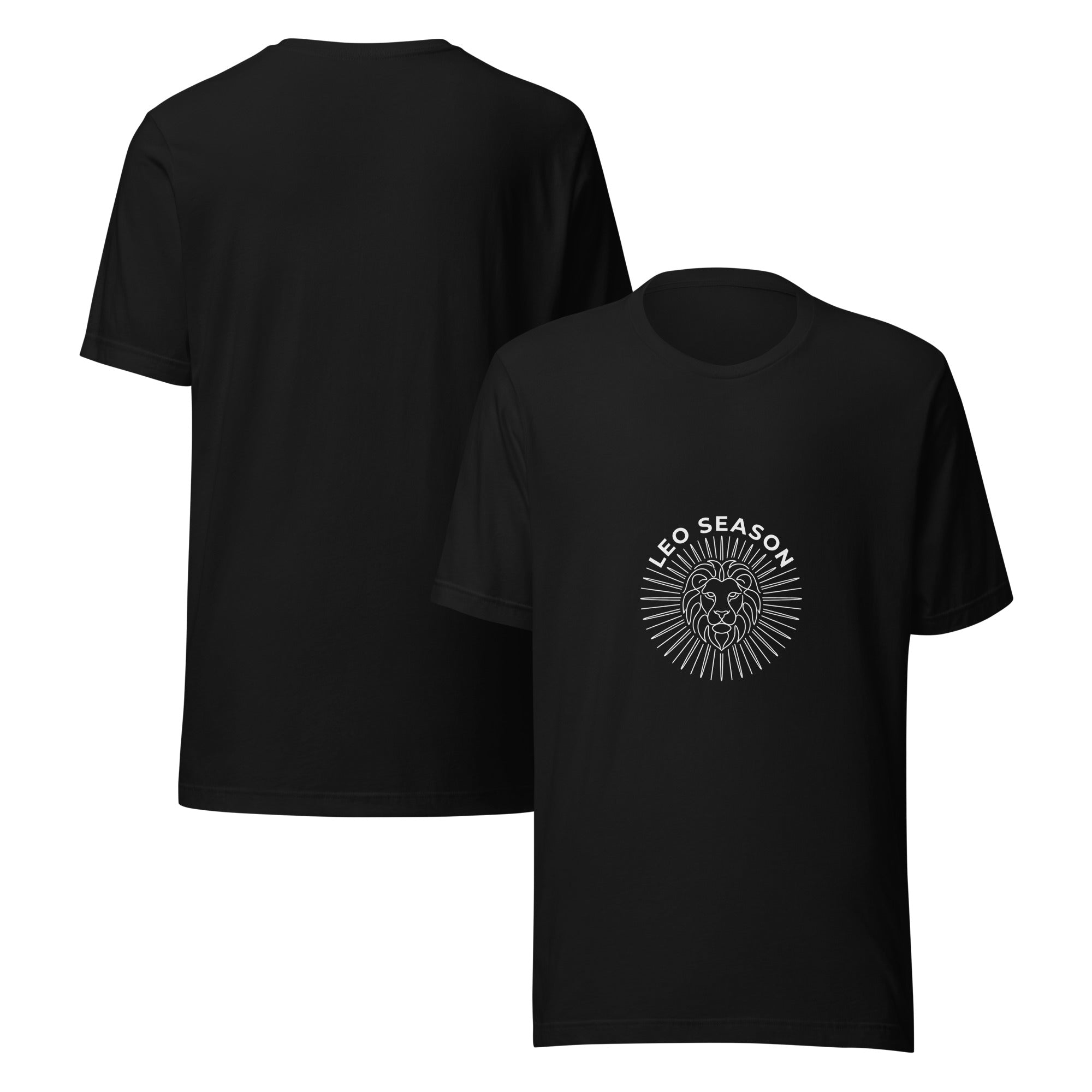 Leo Season tee: white line art sunburst lion crest on a dark unisex t-shirt