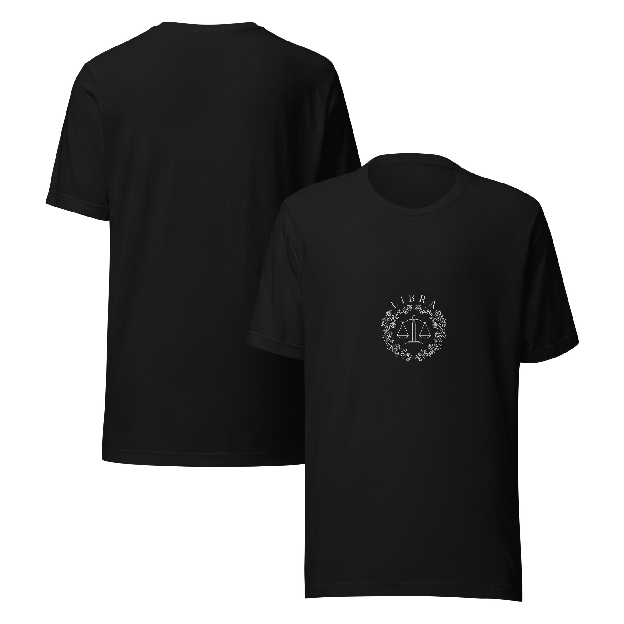 Libra Rose Crest tee: blush and lavender scales with roses on a dark unisex t-shirt