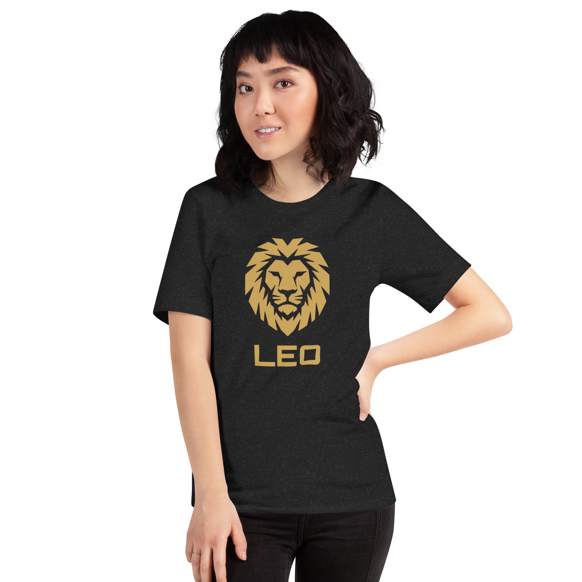 Golden Reign tee: solid gold Leo zodiac symbol on a dark unisex t-shirt