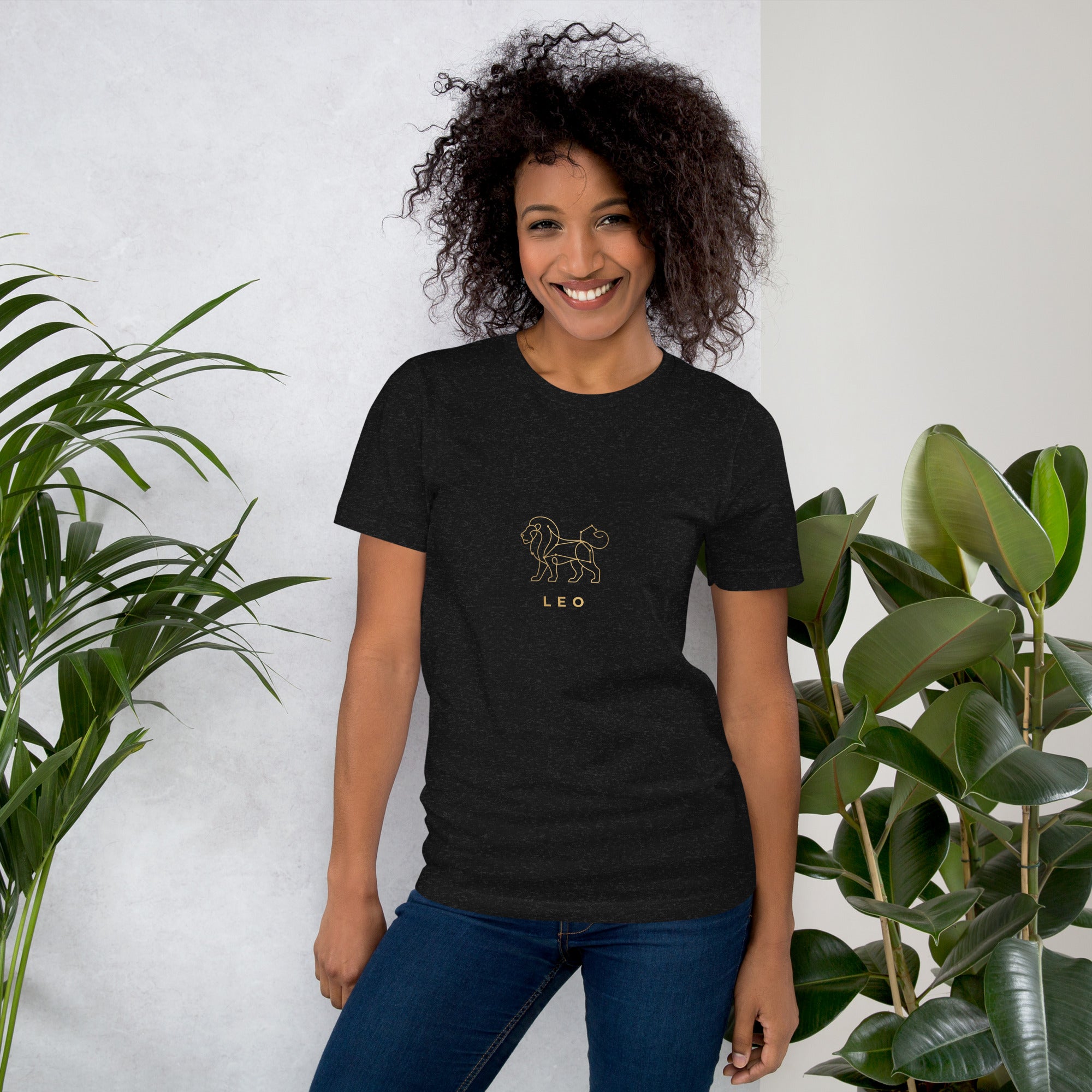Written in the Stars tee: gold line art lion with constellation on a unisex Leo t-shirt