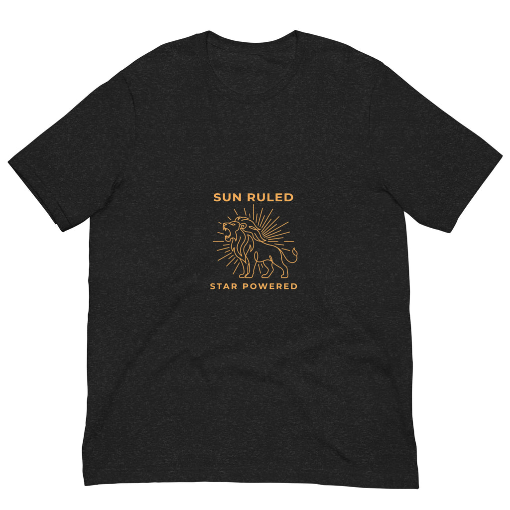 Sun Ruled Star Powered tee: orange line art roaring lion with sunburst on a unisex Leo t-shirt