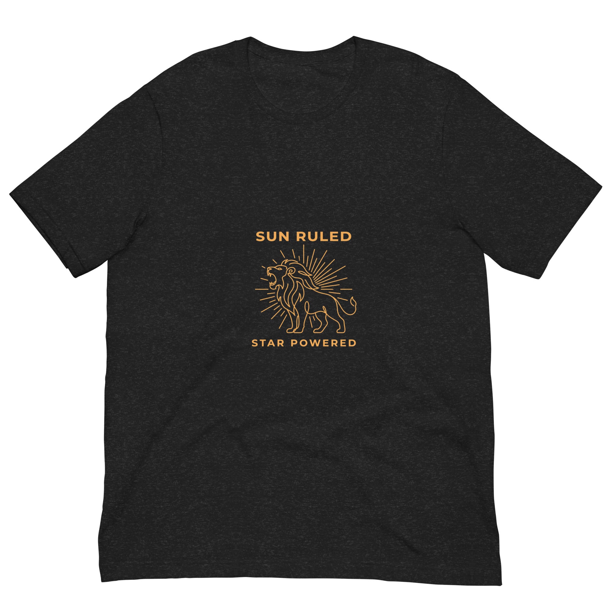 Sun Ruled Star Powered tee: orange line art roaring lion with sunburst on a unisex Leo t-shirt