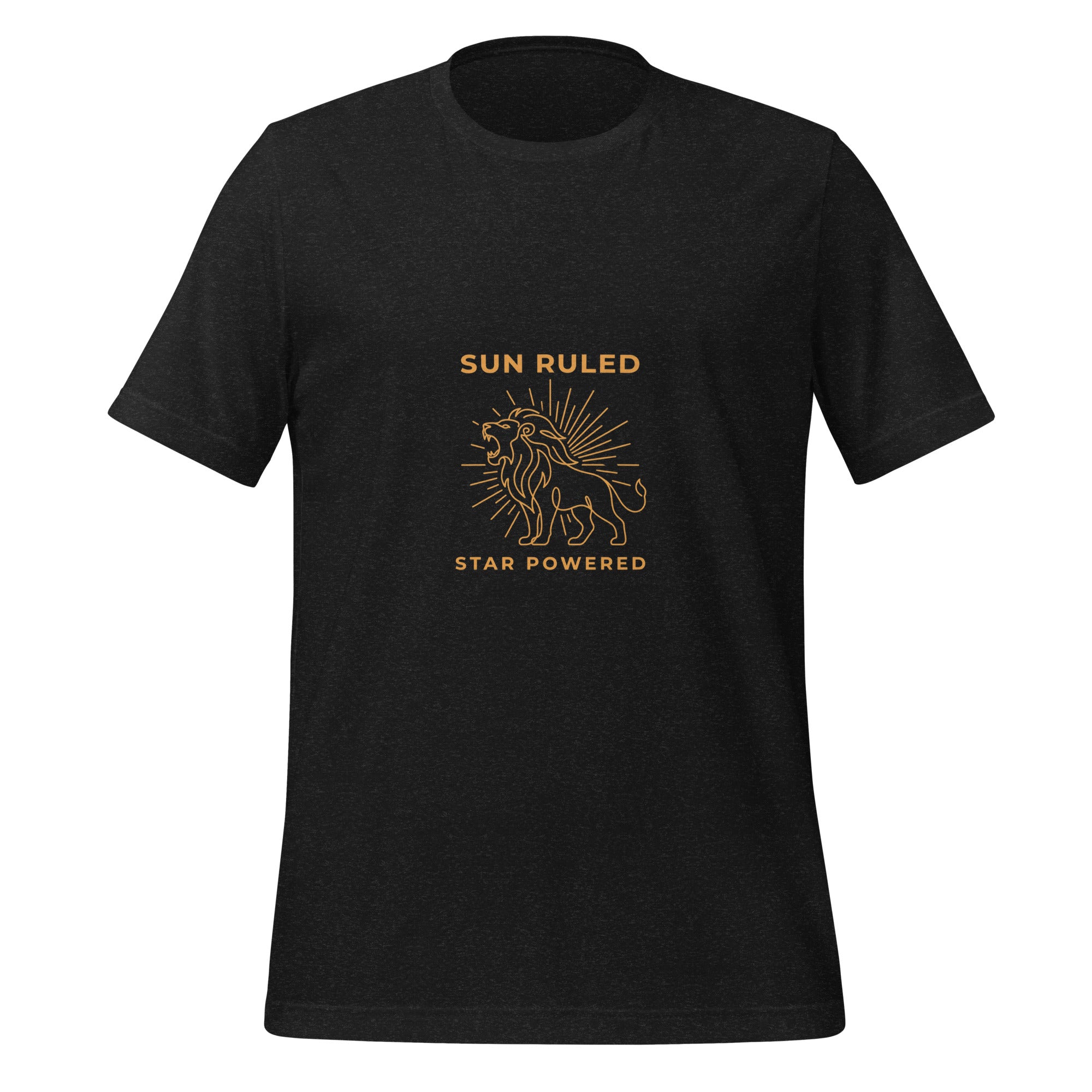 Sun Ruled Star Powered tee: orange line art roaring lion with sunburst on a unisex Leo t-shirt