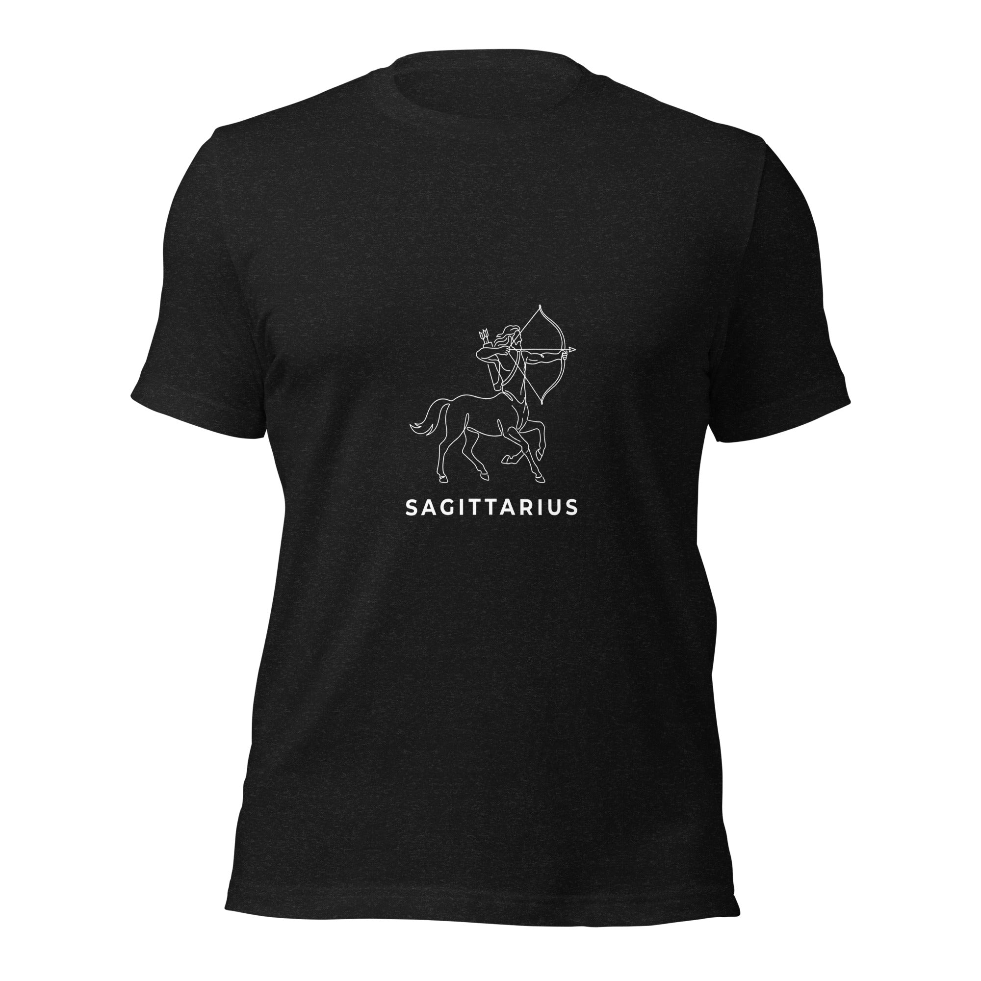 Constellation Archer tee: white one-line archer art on a black unisex Sagittarius t-shirt
